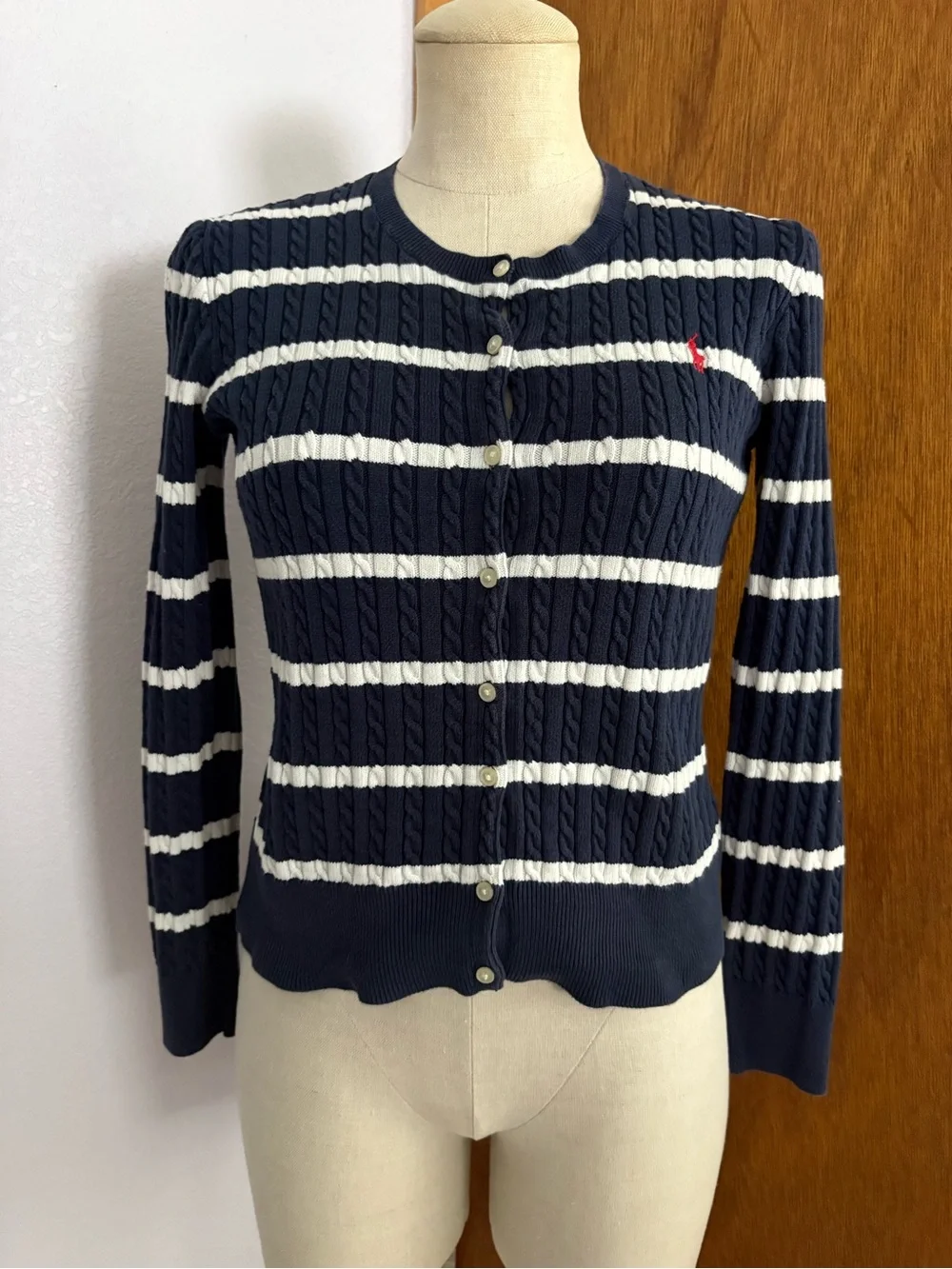 POLO RALPH LAUREN Girls sz XL 14-16 Cable Knit Cardigan Navy Blue White Striped - Picture 7 of 10